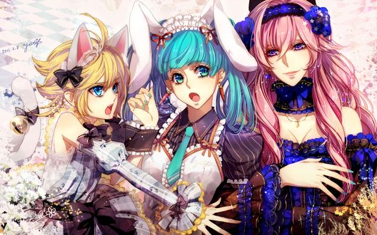 Обои на рабочий стол Вокалоид Хатсуне Мику / Vocaloid Miku Hatsuneс ушками зайчика и серьгами в виде морковки, Вокалоид Лука Мегурине / Vocaloid Luka Megurine и Вокалоид Кагамине Рин / Vocaloid Rin Kagamine с кошачьими ушками и колокольчиком на хвосте