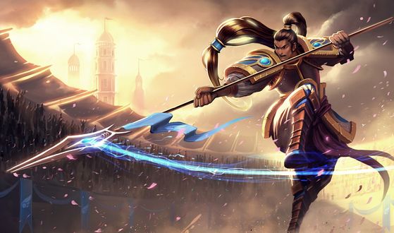 Обои на рабочий стол Цин Зао / Xin Zhao из игры Лига Легенд / League дерётся в колизее