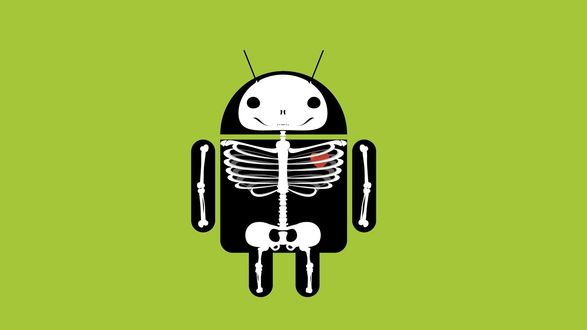 Обои на рабочий стол Логотип операционной системы Android / Андроид под рентгеном, со скелетом и сердцем