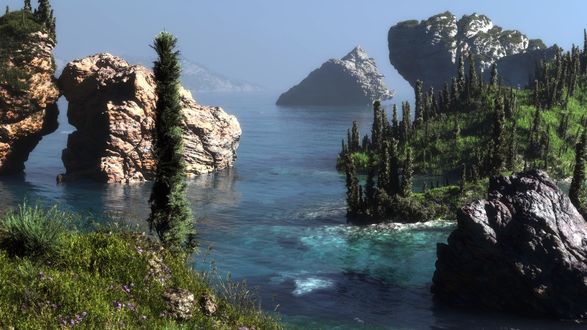 Обои на рабочий стол Красивые скальные образования в морской бухте, на берегу пирамидальные деревья необычной формы