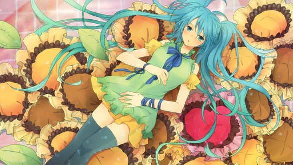 Обои на рабочий стол Вокалоид Мику Хацунэ / Vocaloid Miku Hatsune лежит на подушках