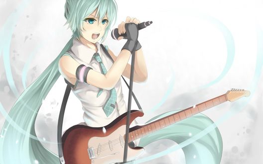Обои на рабочий стол Вокалоид Мику Хацунэ / Vocaloid Miku Hatsune с гитарой и микрофоном