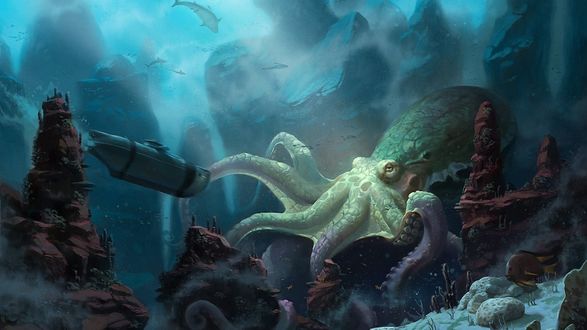 Обои на рабочий стол Гигантский осьминог на дне океана и исследующая его подводная лодка