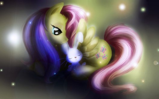 Обои на рабочий стол Fluttershy / Флаттершай со своим белым кроликом, спящим у нее под крылом, из мультсериала Мои маленькие пони: Дружба &; это чудо / My Little Pony: Friendship Is Magic