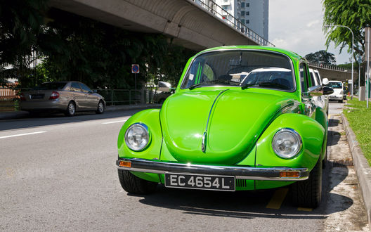 Обои на рабочий стол Volkswagen Beetle / Фольксваген Жук ярко-зеленого цвета припаркован на обочине