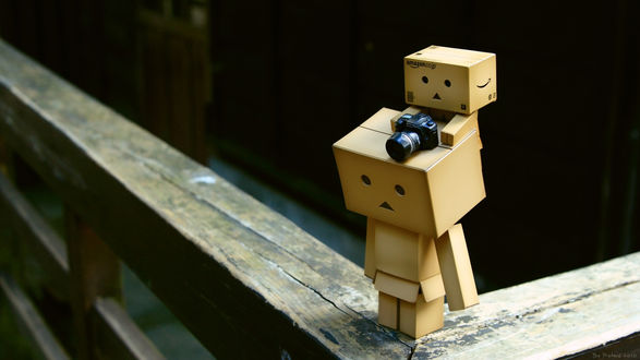 Обои на рабочий стол Коробочный человечек Данбо / Danbo стоит на перилах и держит на себе малыша, который делает фотоснимок