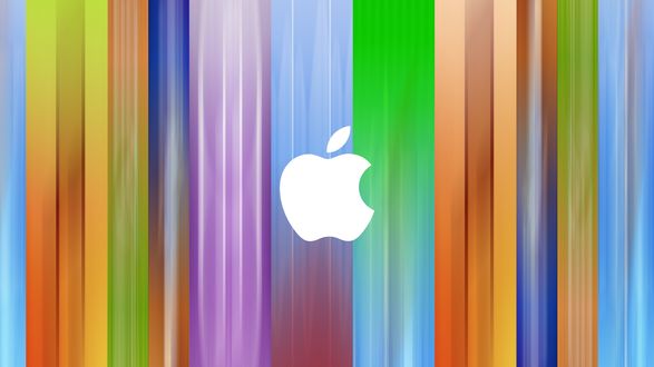 Обои на рабочий стол Логотип компании Apple / Эппл, на фоне разноцветных полос