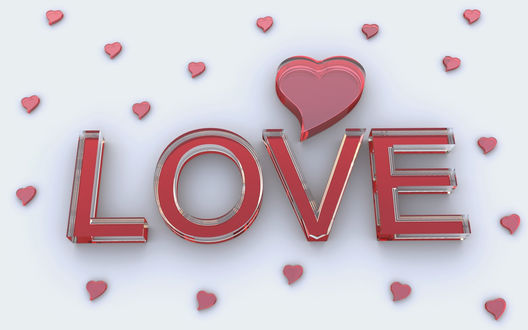 Обои на рабочий стол Надпись Love / Любовь на белом фоне с красными сердечками