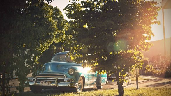 Обои на рабочий стол Голубой автомобиль марки Форд / Ford стоит в деревьях