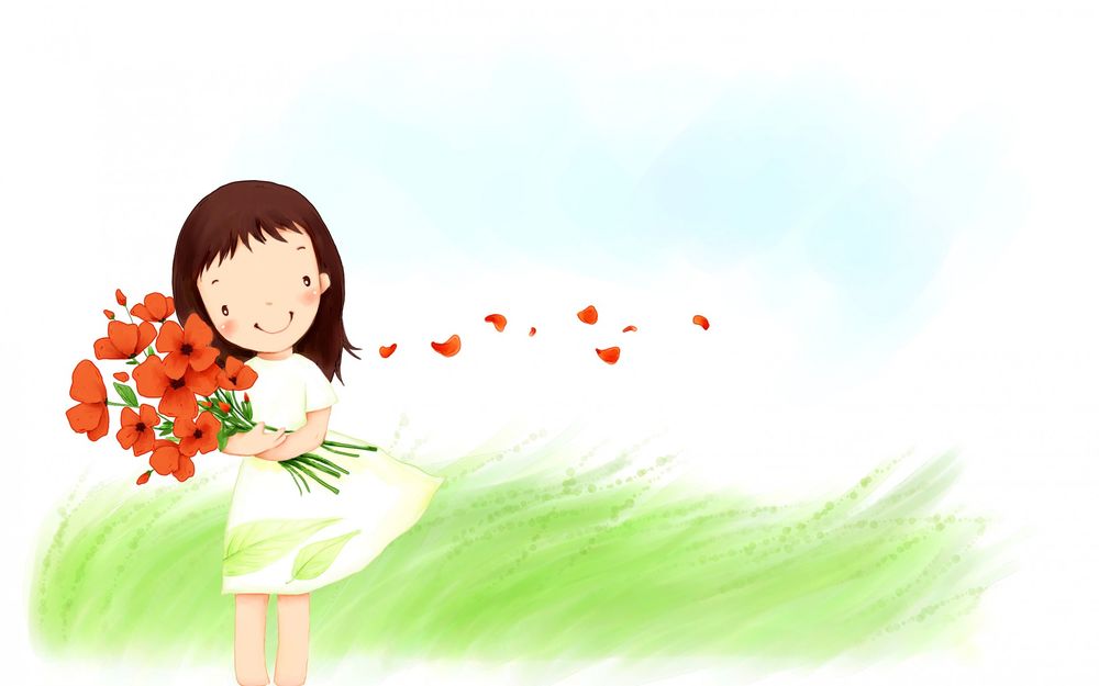 Обои для рабочего стола Девочка с букетом маков в поле и смотрит, как ветер уносит лепестки цветов