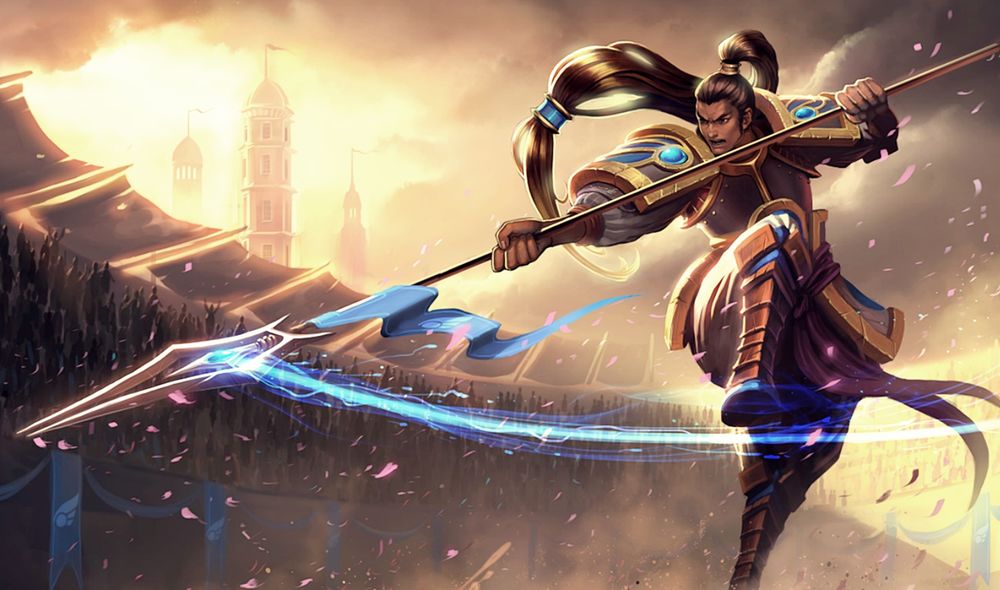 Обои для рабочего стола Цин Зао / Xin Zhao из игры Лига Легенд / League дерётся в колизее