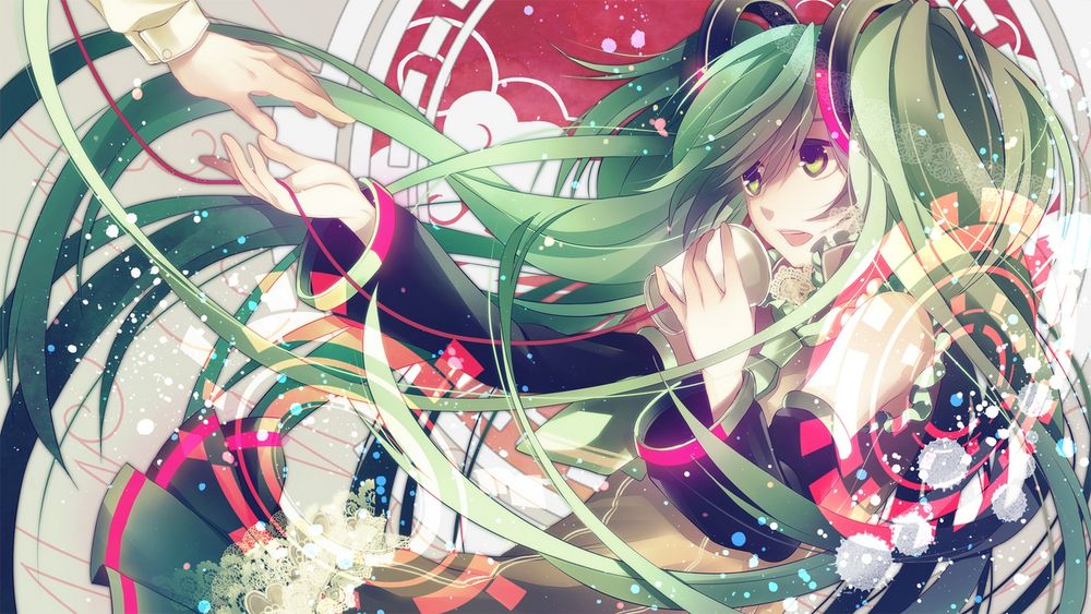 Обои для рабочего стола Вокалоид Мику Хатсуне / Vocaloid Miku Hatsune поет в стаканчик соединенный красной нитью