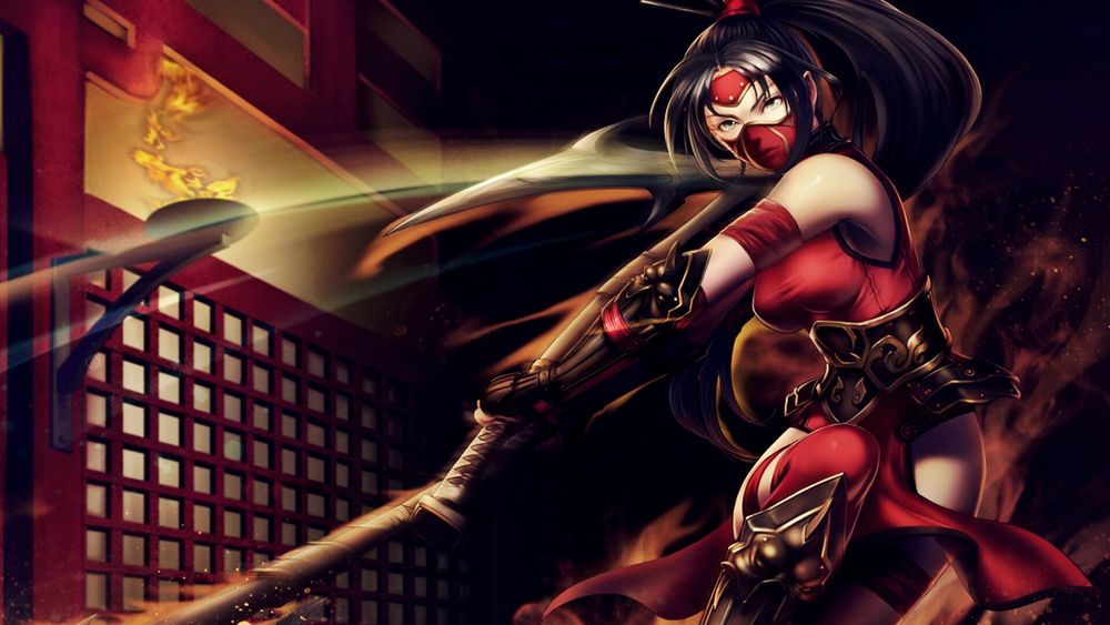 Обои для рабочего стола Акали / Akali из игры Лига Легенд / League of Legends метнула свое оружие