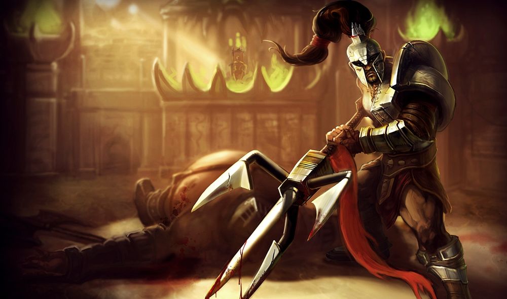 Обои для рабочего стола Цин Зао / Xin Zhao из игры Лига Легенд / League дерётся в колизее