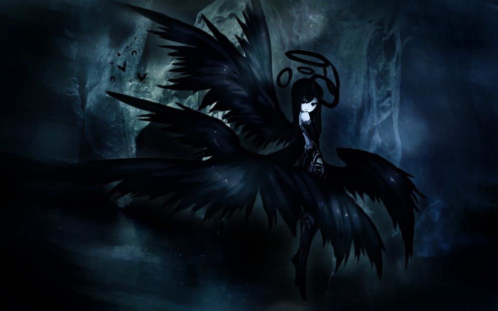 Обои для рабочего стола Ангел с черными крыльями в темноте