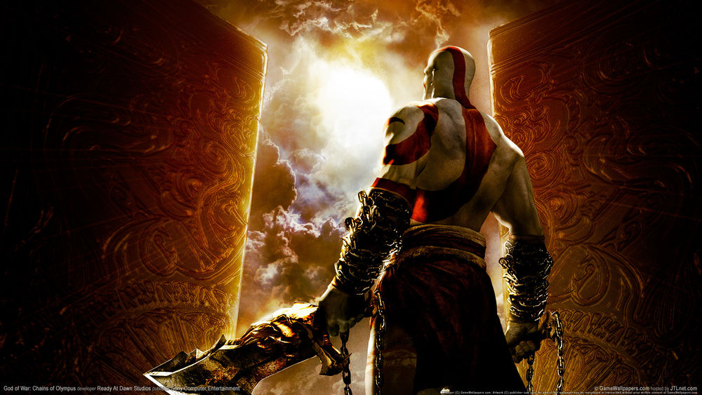 Обои для рабочего стола  Kratos / Кратос из игры God of War / Бог войны с мячем, смотрит на солнце в облаках через разлом в камнях с узорами