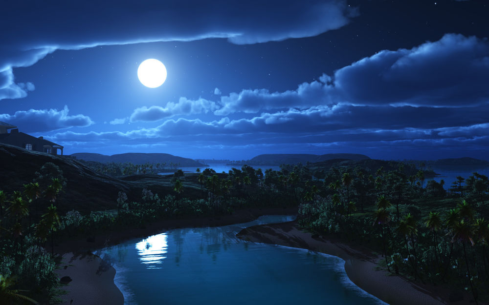 Обои для рабочего стола Синее звездное небо с полной луной отражается в водной поверхности извилистой речки с песчаными берегами и зелеными деревьями