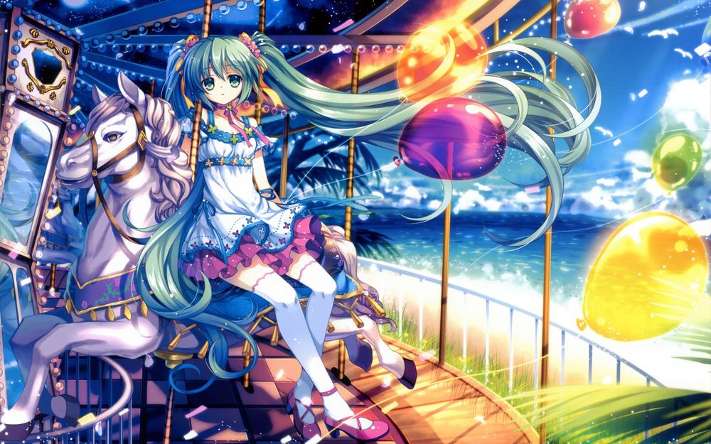 Обои для рабочего стола Вокалоид Мику Хацунэ / Vocaloid Miku Hatsune катается на лошадях в парке аттракционов и держит в руках воздушные шарики