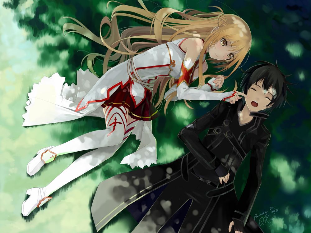 Обои для рабочего стола Юки Асуна / Yuuki Asuna и Киригая Казуто / Kirigaya Kazuto из аниме Мастера меча онлайн / Sword Art Online лежат на поляне в тени дерева
