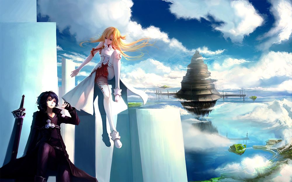 Обои для рабочего стола Юки Асуна / Yuuki Asuna и Киригая Казуто / Kirigaya Kazuto из аниме Мастера меча онлайн / Sword Art Online