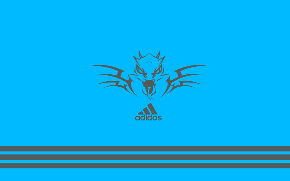 Обои для рабочего стола Логотип Адидас / Adidas на голубом фоне, над ним нарисован дракон