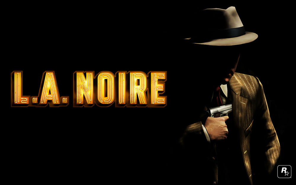 Обои для рабочего стола На черном фоне, гангстер в полосатом костюме достает пистолет, из игры L. A. Noire / Лос-Анджелесский нуар, МФА (Rockstar Games)