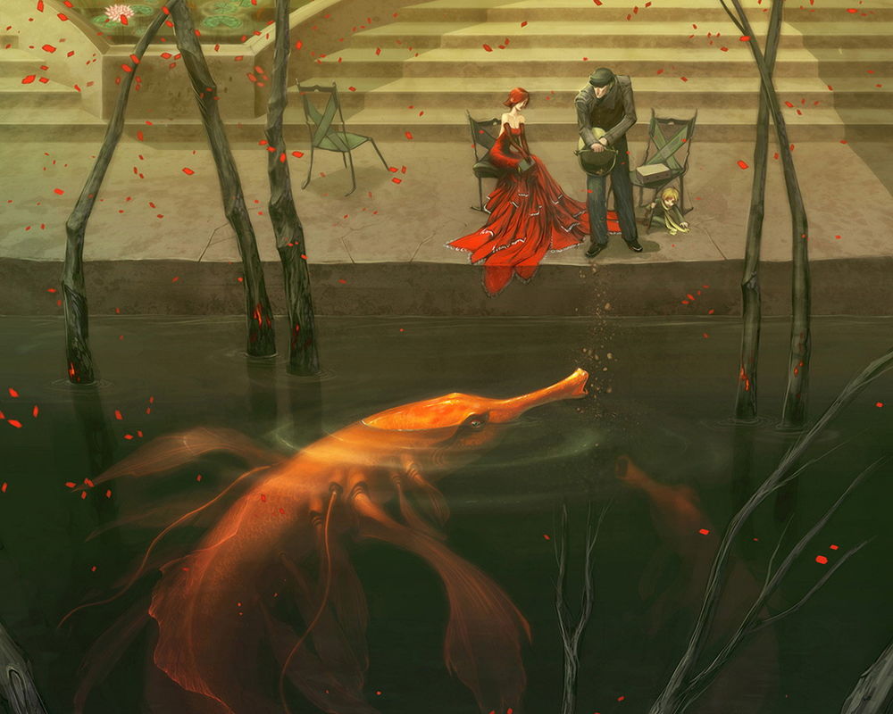 Обои для рабочего стола В пруду плавают гигантские рыбы, мужчина кормит их из ведра, а женщина в красном платье  с интересом наблюдает