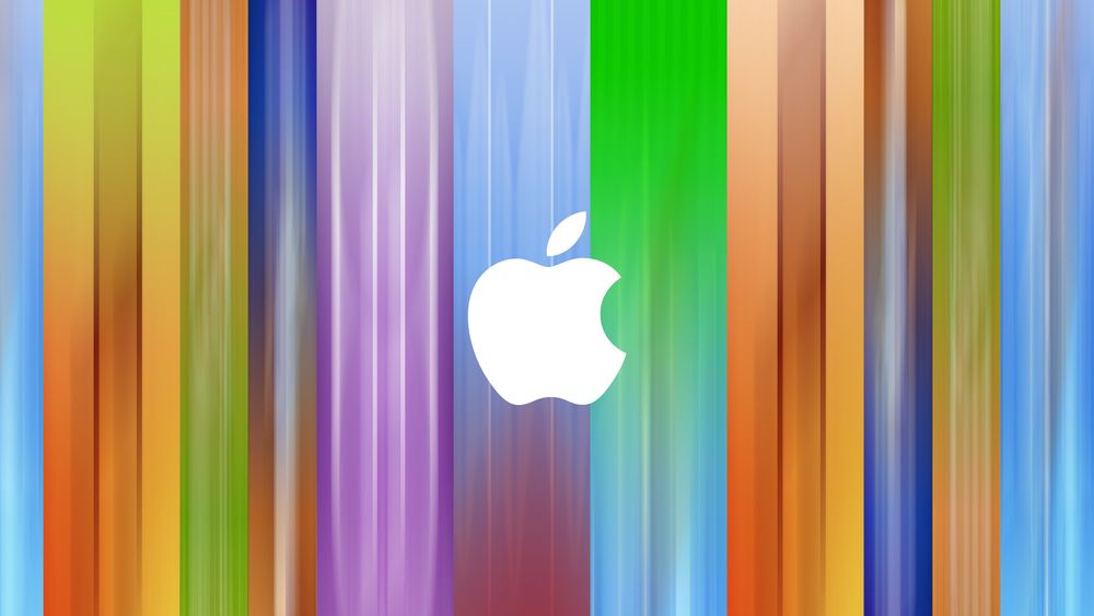 Обои для рабочего стола Логотип компании Apple / Эппл, на фоне разноцветных полос