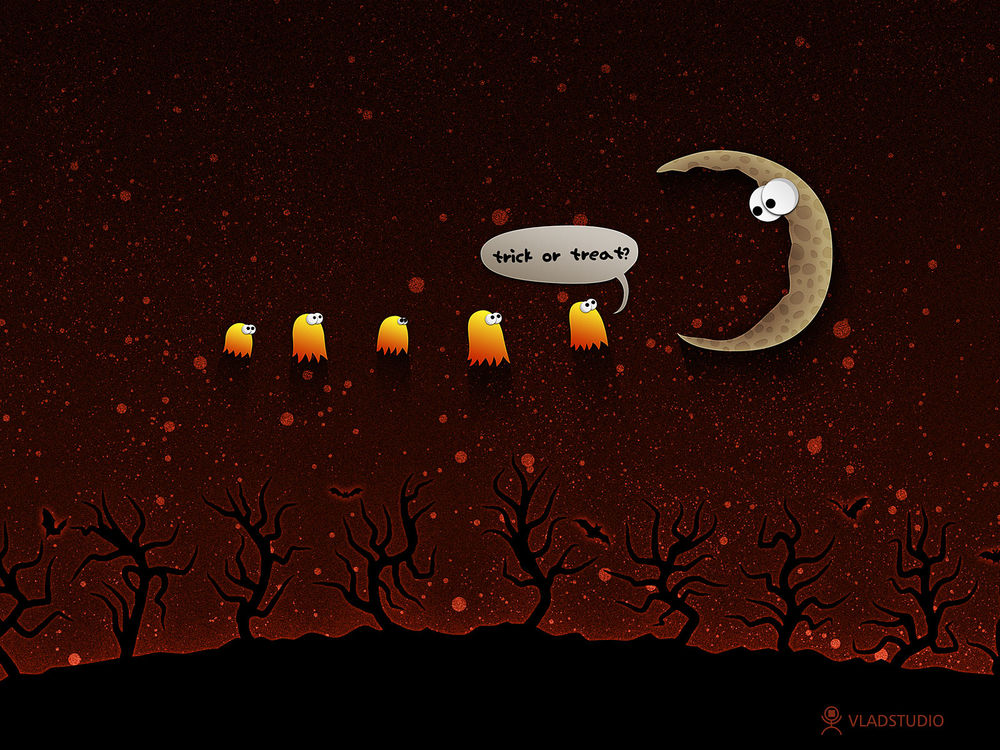 Обои для рабочего стола Маленькие привидения в красном ночном небе спрашивают у луны: 'Кошелек или жизнь?' (Trick or Treat? ) (vladstudio)