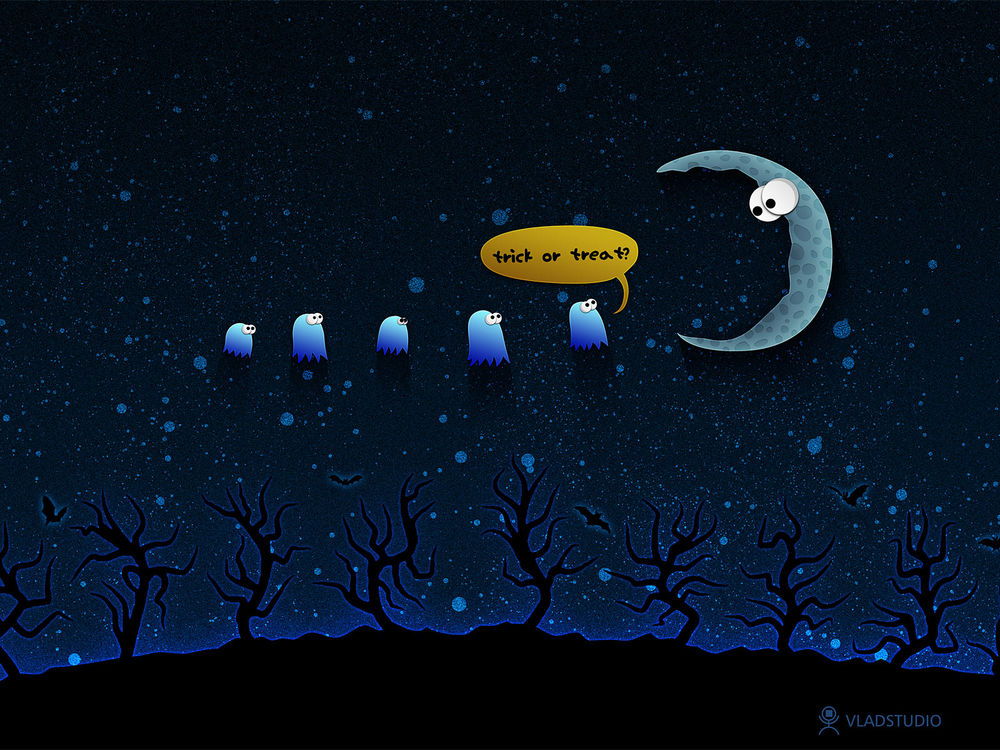 Обои для рабочего стола Маленькие привидения в синем ночном небе спрашивают у луны: 'Кошелек или жизнь?' (Trick or Treat? ) (vladstudio)