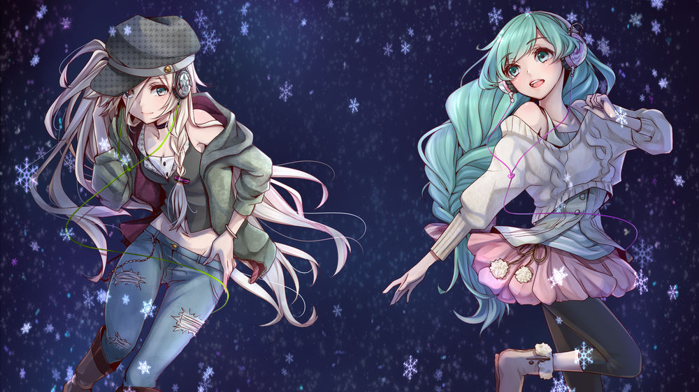Обои для рабочего стола Vocaloid IA & Hatsune Miku / Вокалоиды Йа и Хатсуне Мику зимней ночью