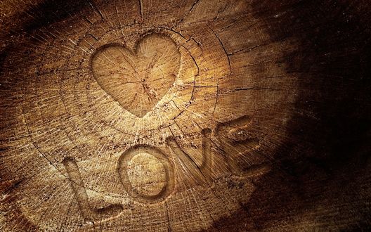 Обои на рабочий стол На деревянной поверхности вырезано сердце и написано Love / Любовь
