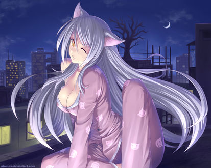 Обои на рабочий стол Hanekawa Tsubasa / Ханекава Тсубаса из аниме ''Bakemonogatari / Истории монстров'' сидит на крыше