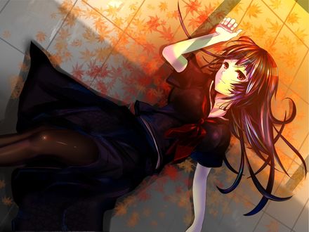 Обои на рабочий стол Юко Каноэ / Kanoe Yuuko из аниме Призрачная дева и Амнезия / Tasogare Otome x Amnesia лежит на полу с листьями