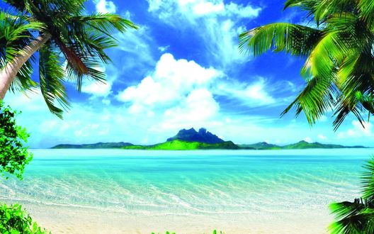 Обои на рабочий стол Вид с морского берега на горы и небо
