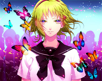 Обои на рабочий стол Vocaloid Gumi Megpoid / Вокалоид Гуми Мегпоид и бабочки