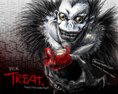 Обои на рабочий стол Рюук из аниме Тетрадь смерти / Death Note держит красное яблоко (pick Treat. Happy Halloween Flyin!)