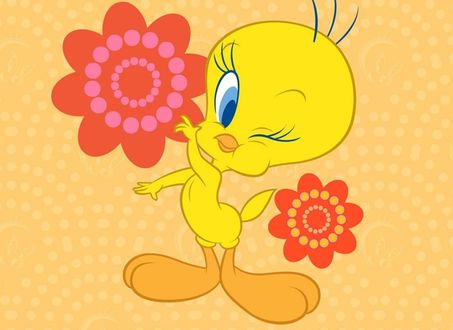 Обои на рабочий стол Мультяшная птичка Твити / Tweety подмигивает на фоне нарисованный цветков