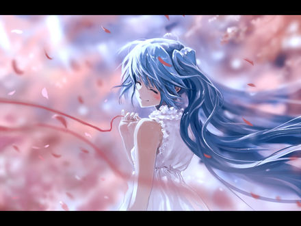 Обои на рабочий стол Vocaloid Miku Hatsune / Вокалоид Мику Хатсуне с красной нитью на пальце
