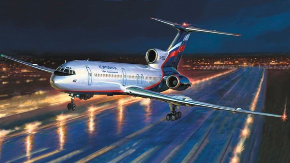 Обои на рабочий стол Взлет пассажирского самолета Ту-154 ночью