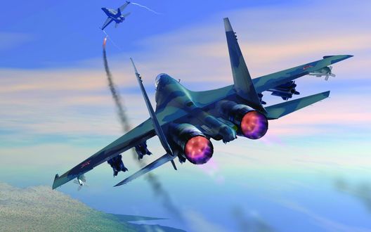 Обои на рабочий стол Су-27 с красными звездами на крыльях атакует ракетой самолет противника