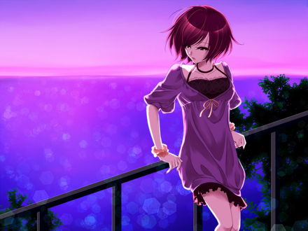Обои на рабочий стол Vocaloid Sakine Meiko / Вокалоид Мэйко Сакинэ в платье, стоит, облокотившись на перила, на фоне розового заката, и смотрит на море