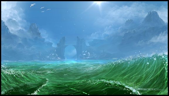 Обои на рабочий стол Зеленое море, вдали мост из скал
