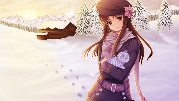 Обои на рабочий стол Mikazuki Akira стоит с котенком на руках на фоне дома и снега