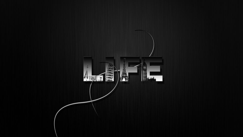 Обои для рабочего стола Надпись LIFE / Жизнь изображениями известных зданий на сером фоне (Пизанская башня, Эйфелева башня, Биг-Бен)