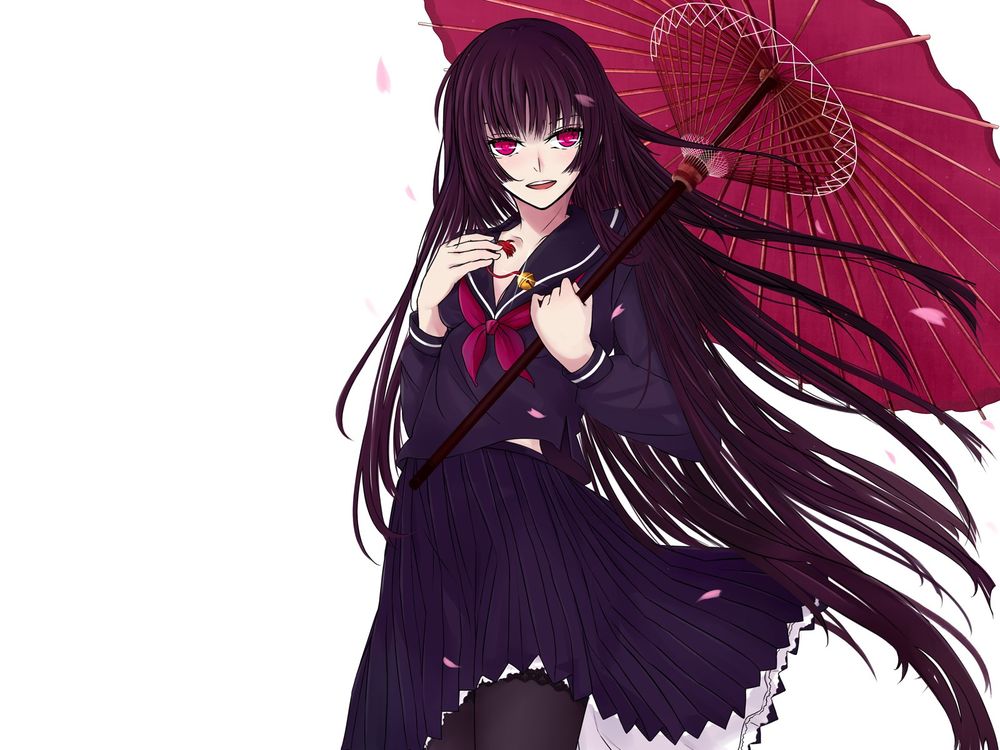 Обои для рабочего стола Юко Каноэ / Kanoe Yuuko из аниме Призрачная дева и Амнезия / Tasogare Otome x Amnesia с солнцезащитным зонтиком