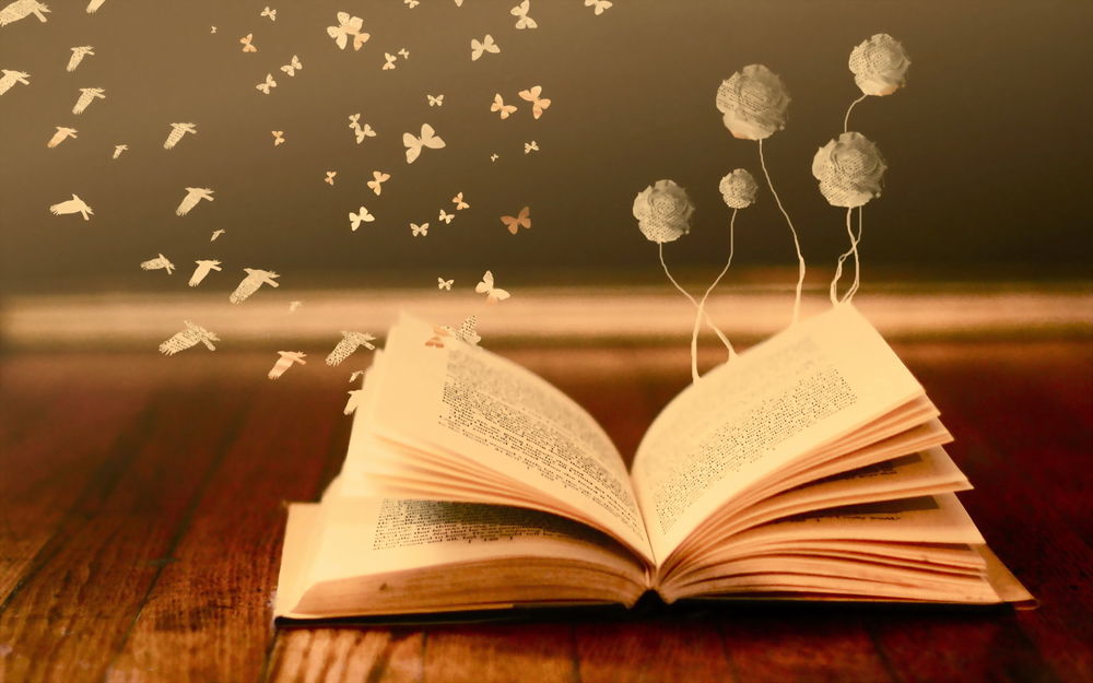 Обои для рабочего стола Из книги растут цветы, вылетают птицы и бабочки
