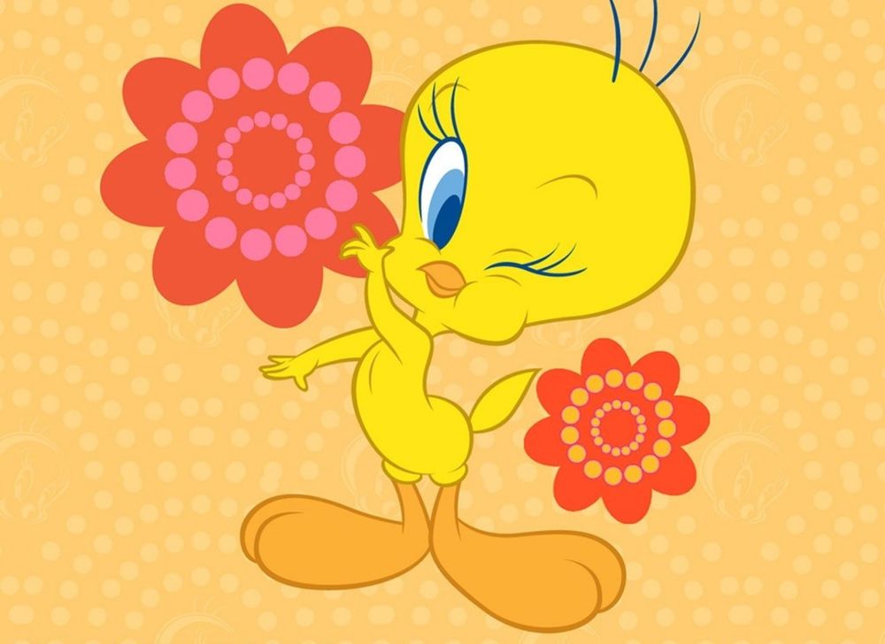 Обои для рабочего стола Мультяшная птичка Твити / Tweety подмигивает на фоне нарисованный цветков