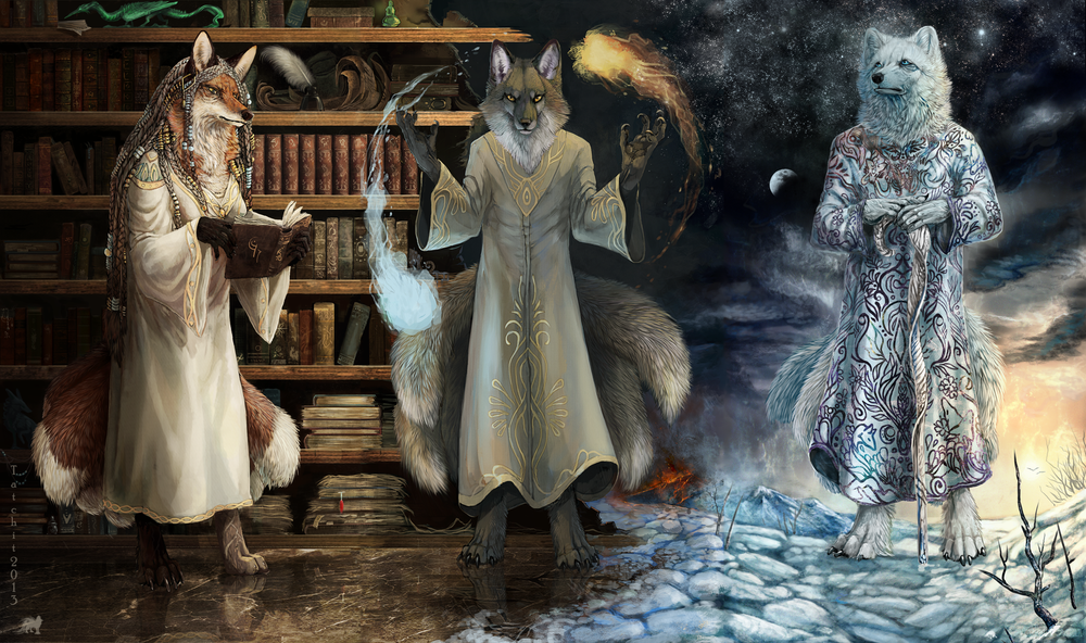 Обои для рабочего стола Лиса на фоне библиотеки, держащая в лапах книгу, волк, управляющий огненной и ледяной стихией и белый волк на фоне северного пейзажа, триптих художницы под ником Tatchit