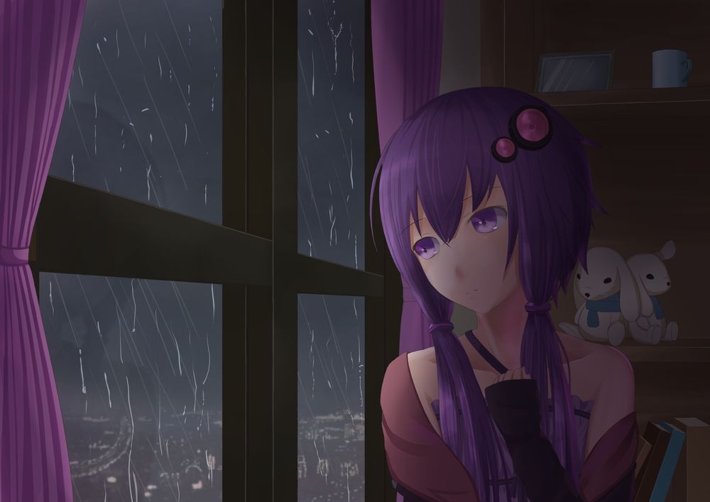 Обои для рабочего стола Vocaloid Yuzuki Yukari / Вокалоид Юдзуки Юкари в темной комнате смотрит в окно на дождь
